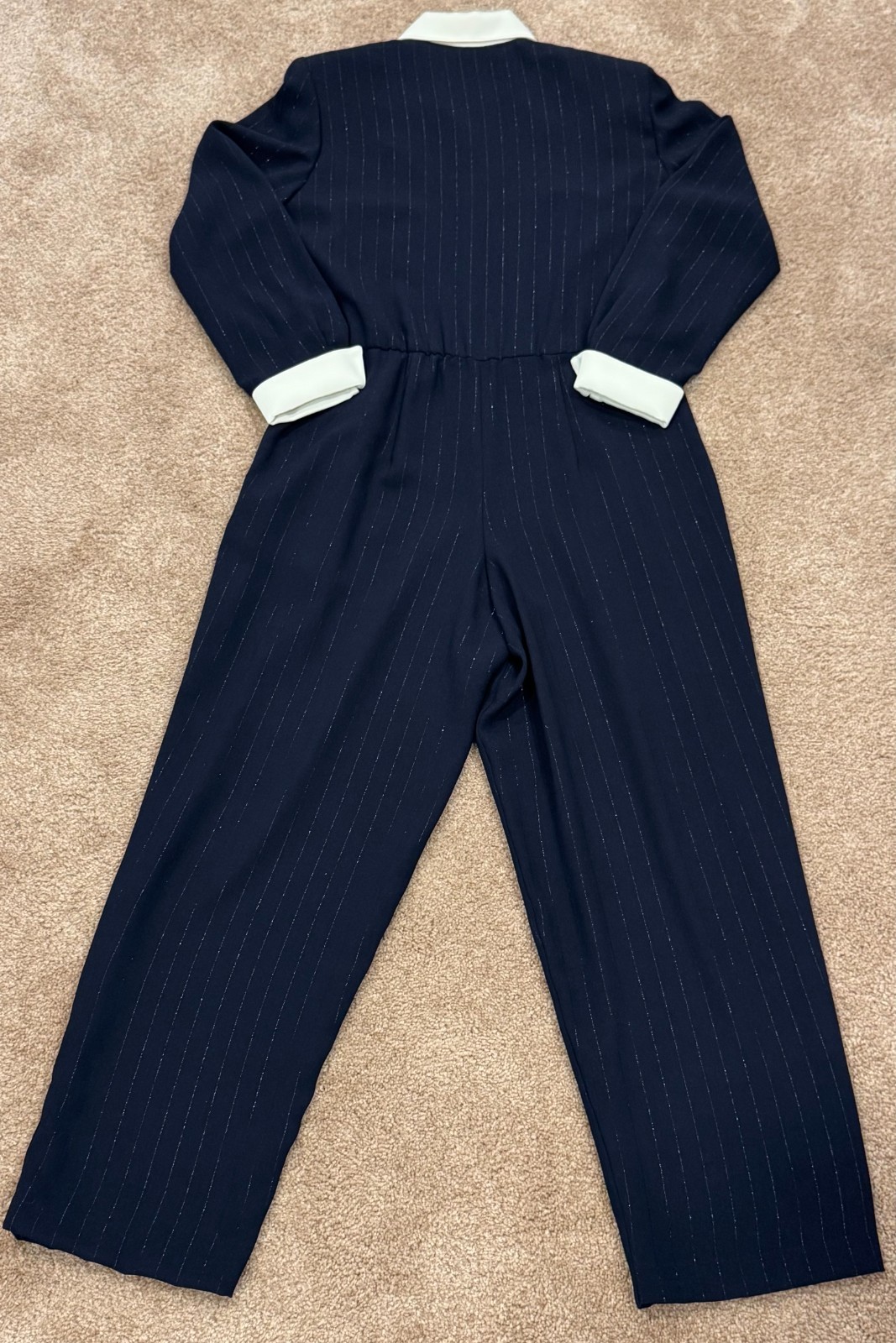 Vtg Karin Stevens Black Silver Pinstripe Rhinestone Belted Jumpsuit 12P 1980’s