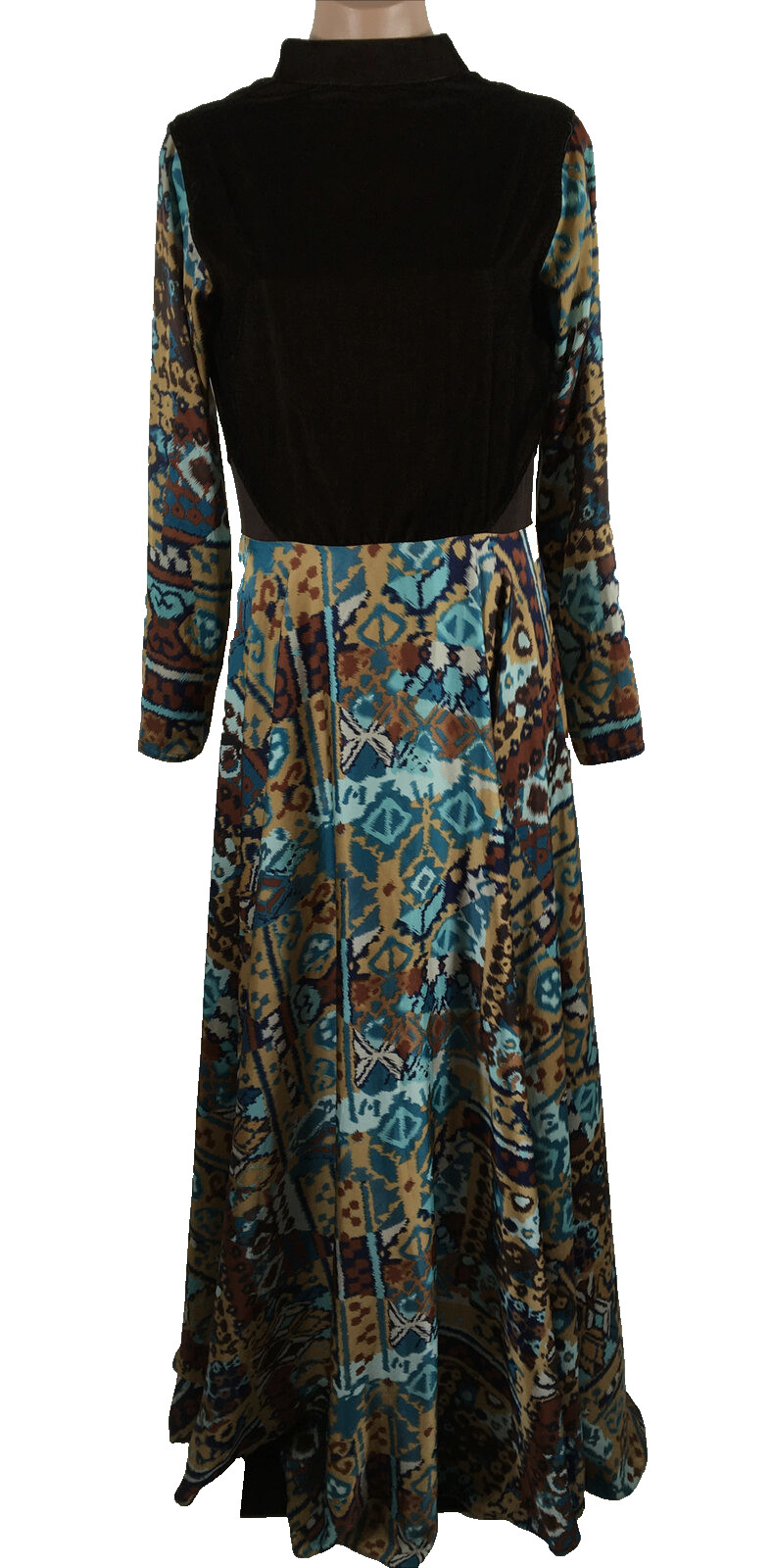 Vintage 70s Blue & Brown Ikat Maxi Mesh Cut-out Full Skirt Dress 1970s M/L