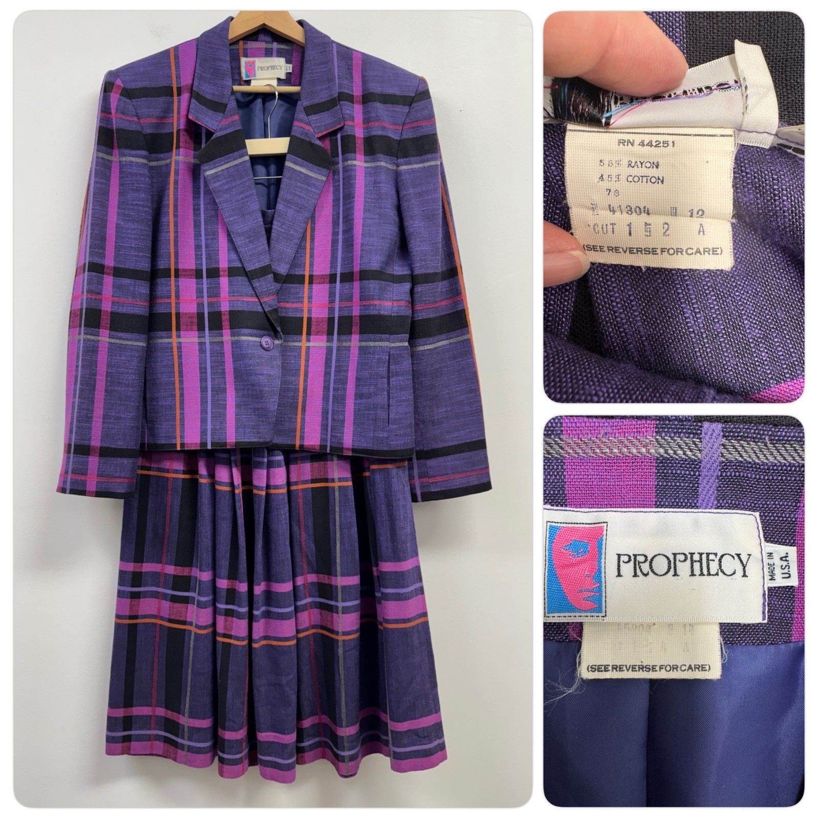 Vintage Prophecy Blazer Pleat Midi Skirt Set Plaid Sz 12* (28”x33”) Purple