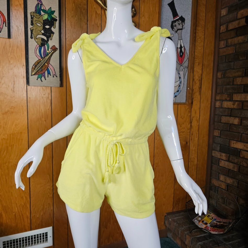 Vintage 80s Playsuit Terry Cloth Bathing Suit Coverup Cheeky Shorts Romper S/M