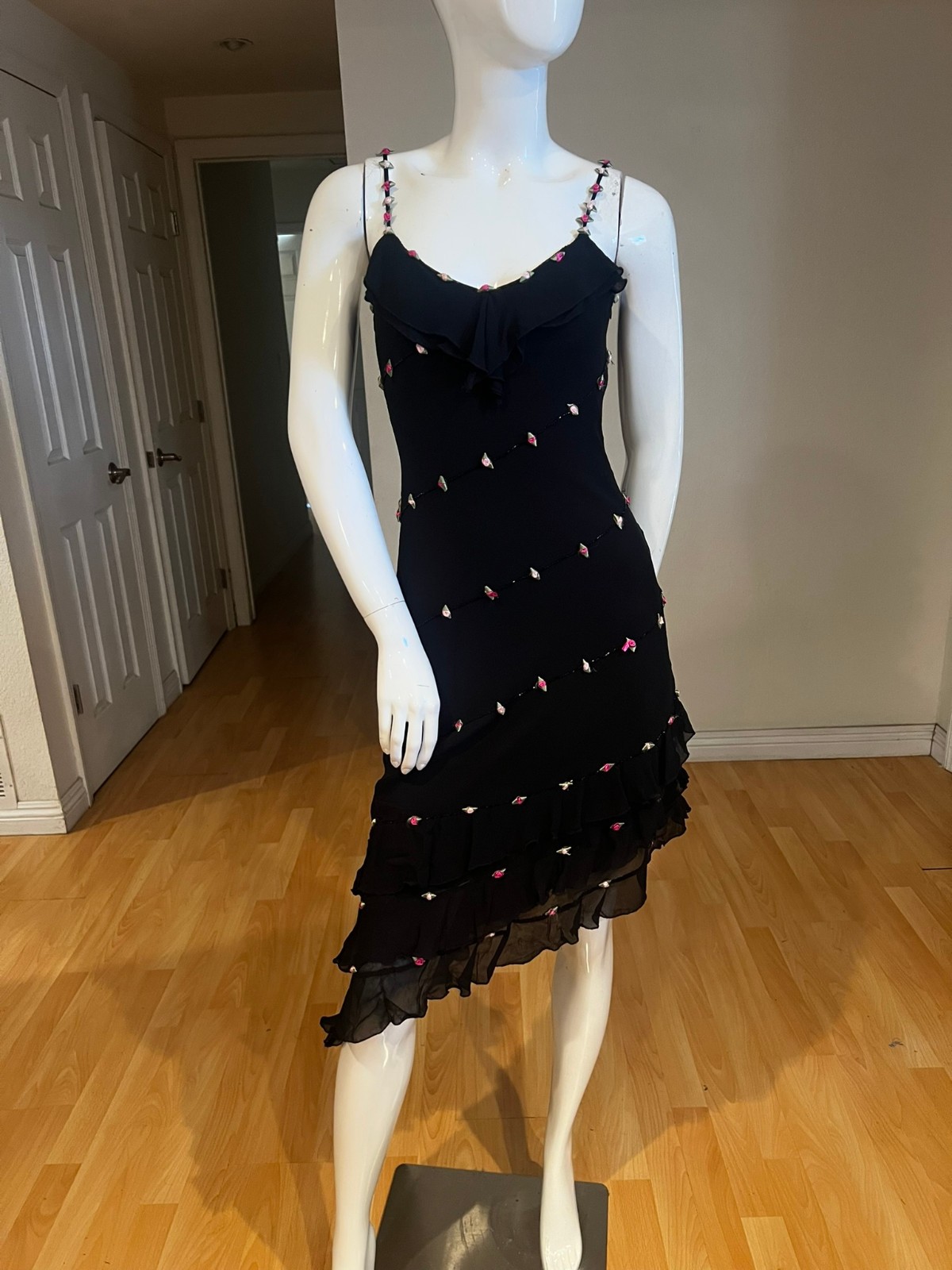 VINTAGE 90&rsquo;S Y2K CACHE BEADED SILK ROSETTE ASYMMETRICAL DRESS SZ 4 FAIRY GRUNGE
