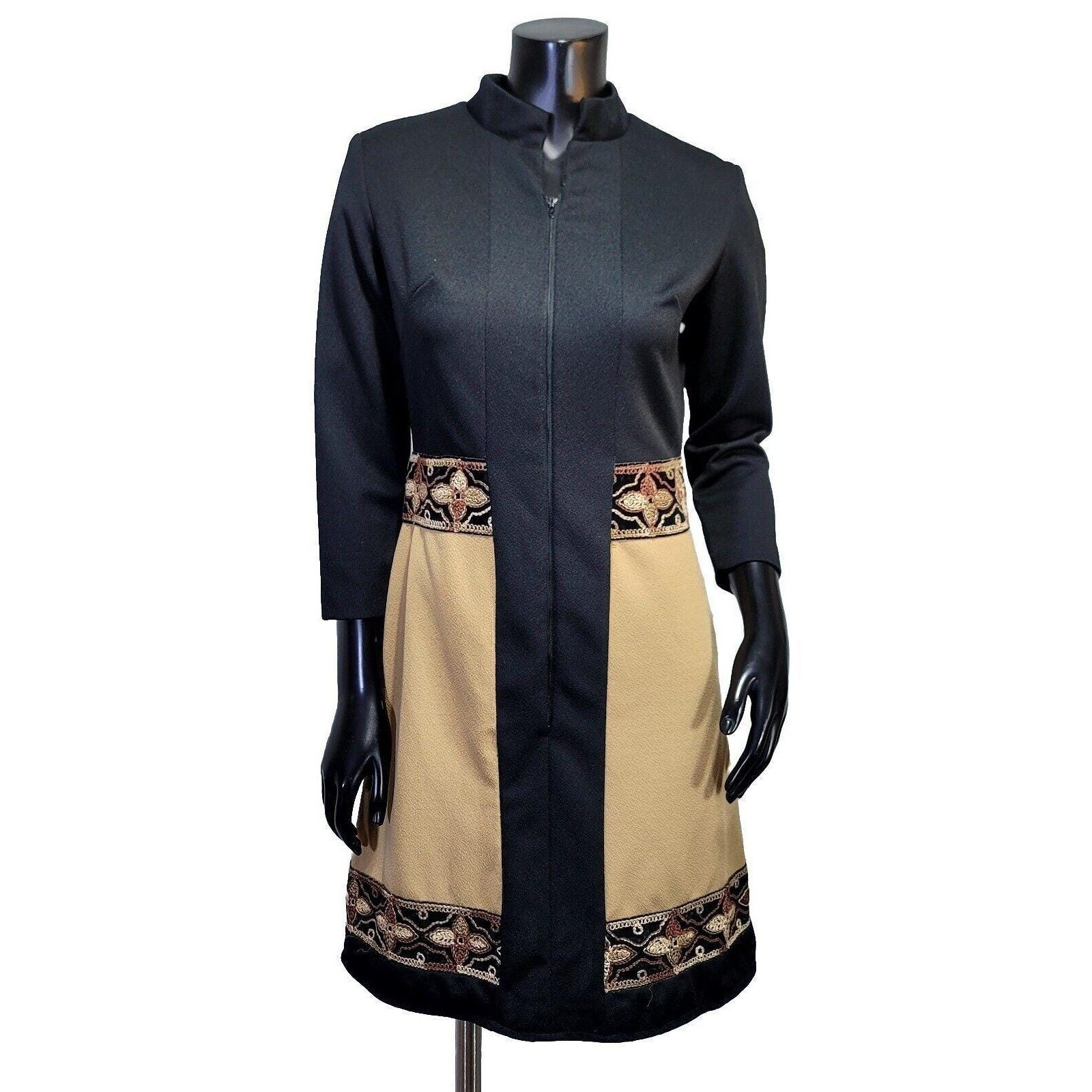 Vintage 60s 70s Mod GoGo Dress Black Tan Embroidered Double Knit Zip Front