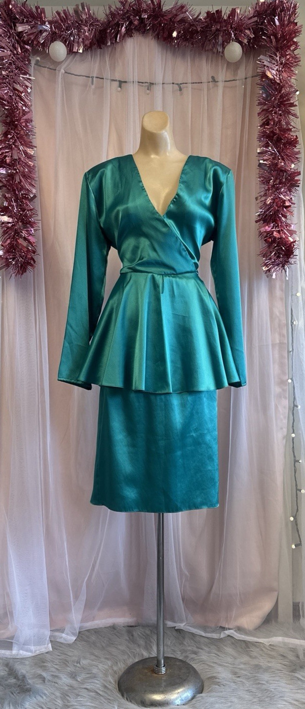 Vintage 80s Green Liquid Satin Peplum Dress New Wave V Neck Cocktail L