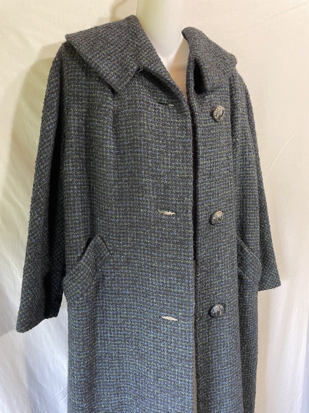 Vintage Coat Size Medium Large Long Wool Black Blue Green Gingham Overcoat M L