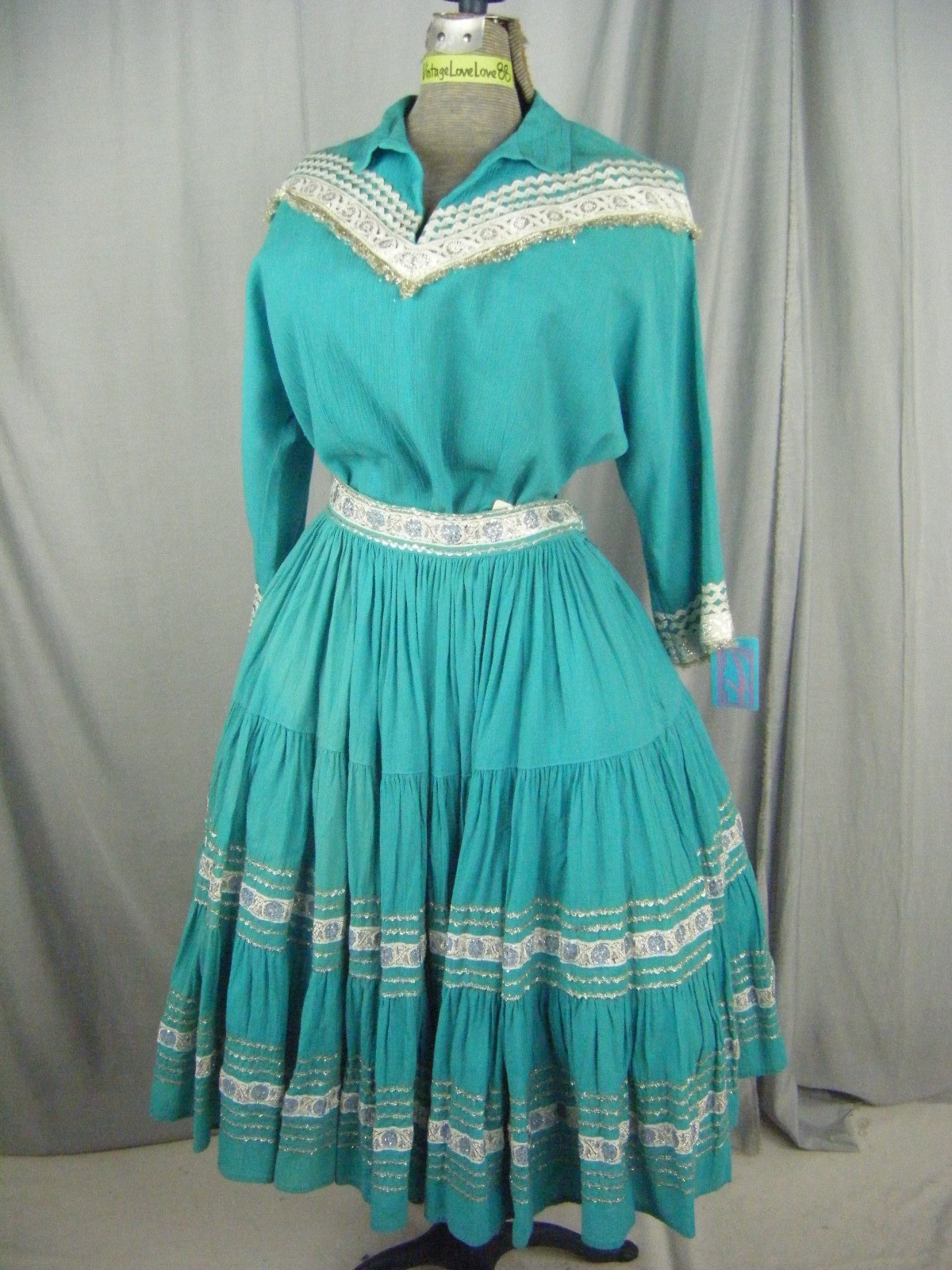 Vtg 60s Turquoise Silver Southwestern Patio Top & Skirt-Bust 44/ Waist 24