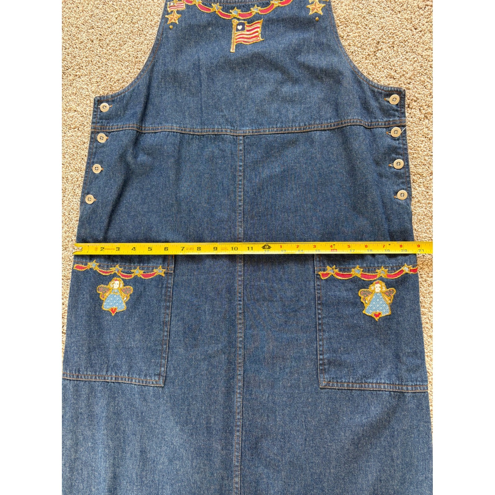 Vtg Basic Editions M Denim Jean Maxi Dress Blue Embroidered Flag Angel Patriotic