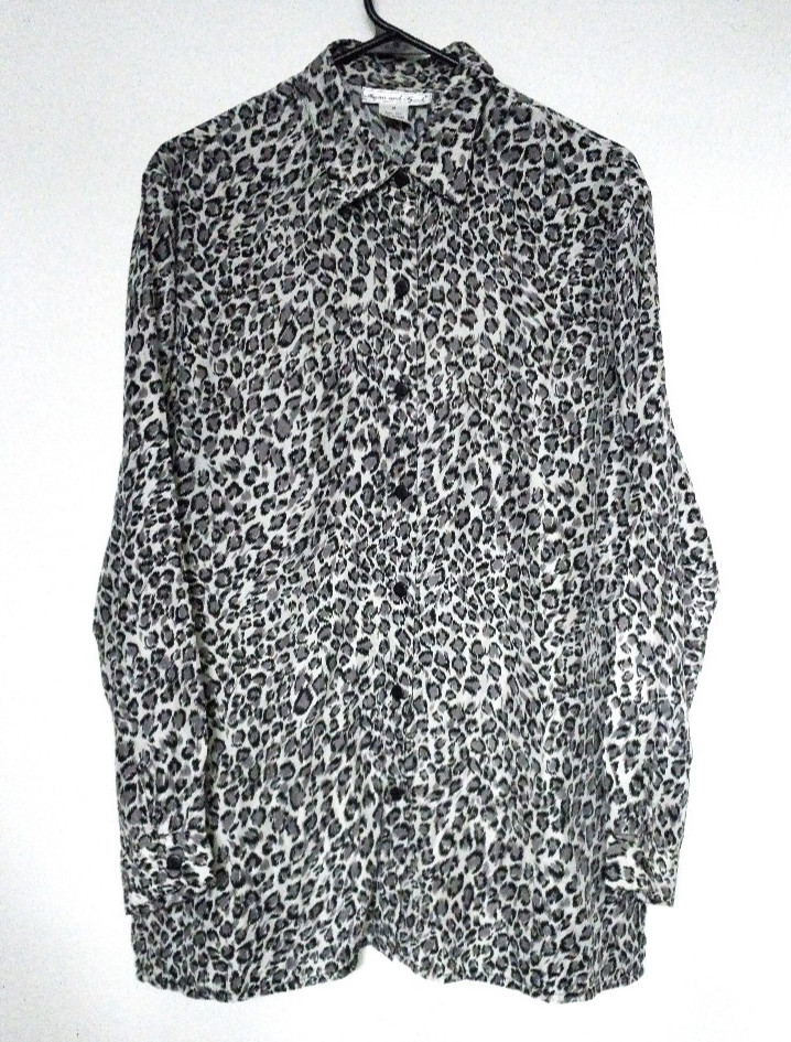 80s Vintage Anna and Frank Silk Leopard Print Button Down Blouse Size M