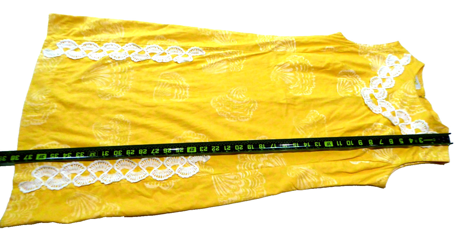 VTG 60s Flutterbye Mod Shift Dress Yellow Pique Shell Lace Summer Resort Sun S