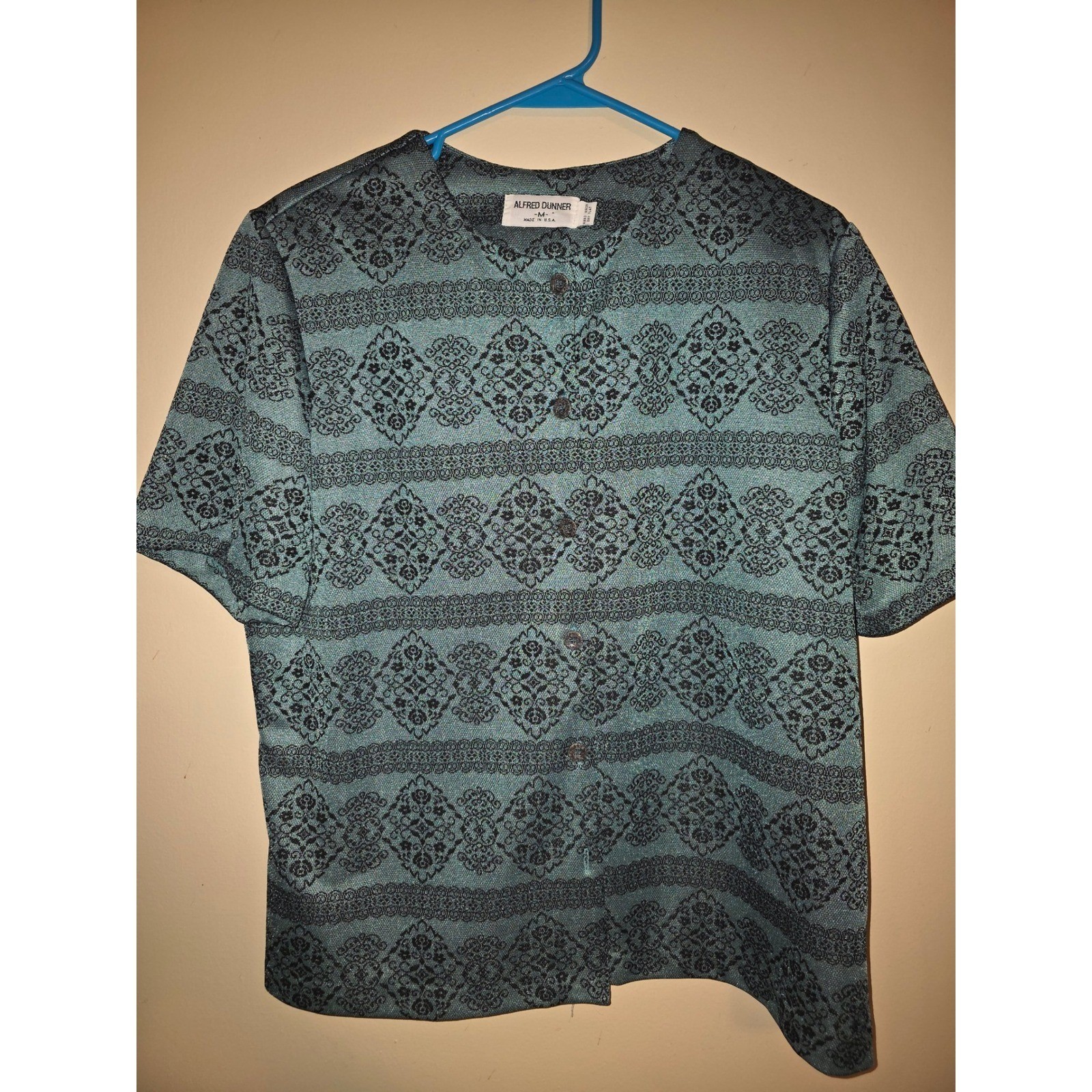 Alfred Dunner Vintage Teal Blue Damask Button Up Blouse Short Sleeve Womens M