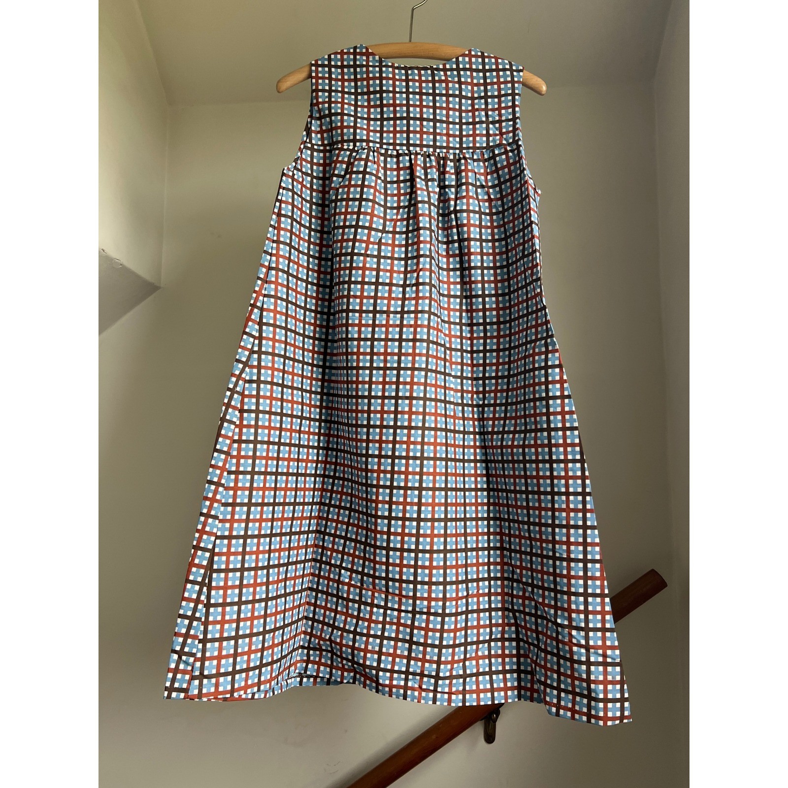 Vintage Plaid Midi Dress Mod MCM Geometric Sleeveless A-Line Muumuu House Coat