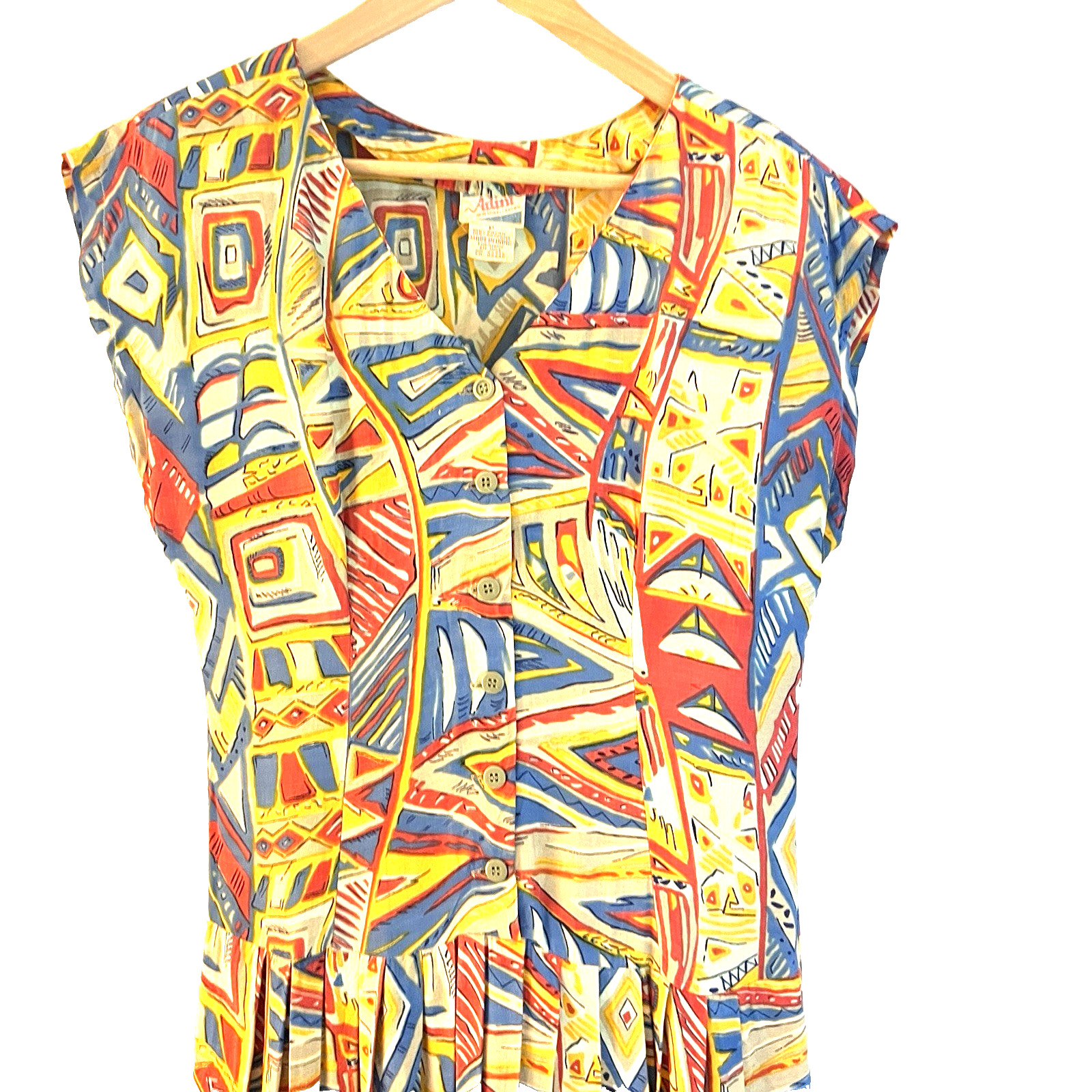 Vintage Adini Abstract Geometric Rayon Midi Dress Made India L Colorful 90s