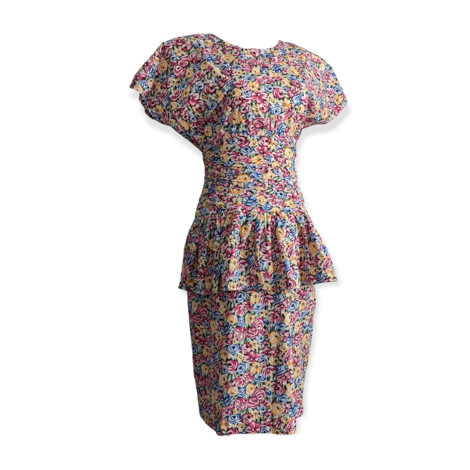 VTG 80s 90s JANE SINGER Floral Ruched Peplum Bodycon Pencil Dress SZ 4 petite