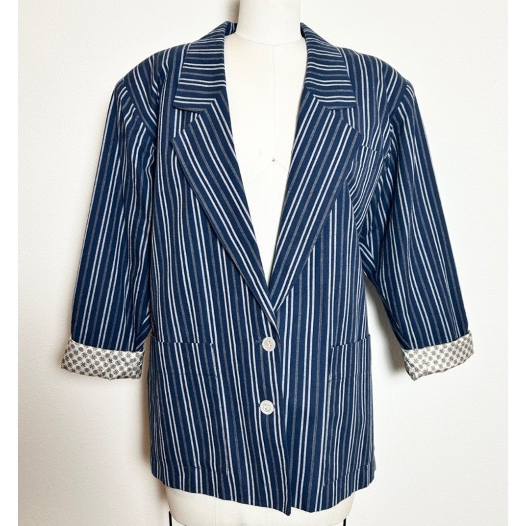 Vintage Liz Claiborne 100% Cotton Prepcore Striped Navy Blue Women&rsquo;s Blazer M