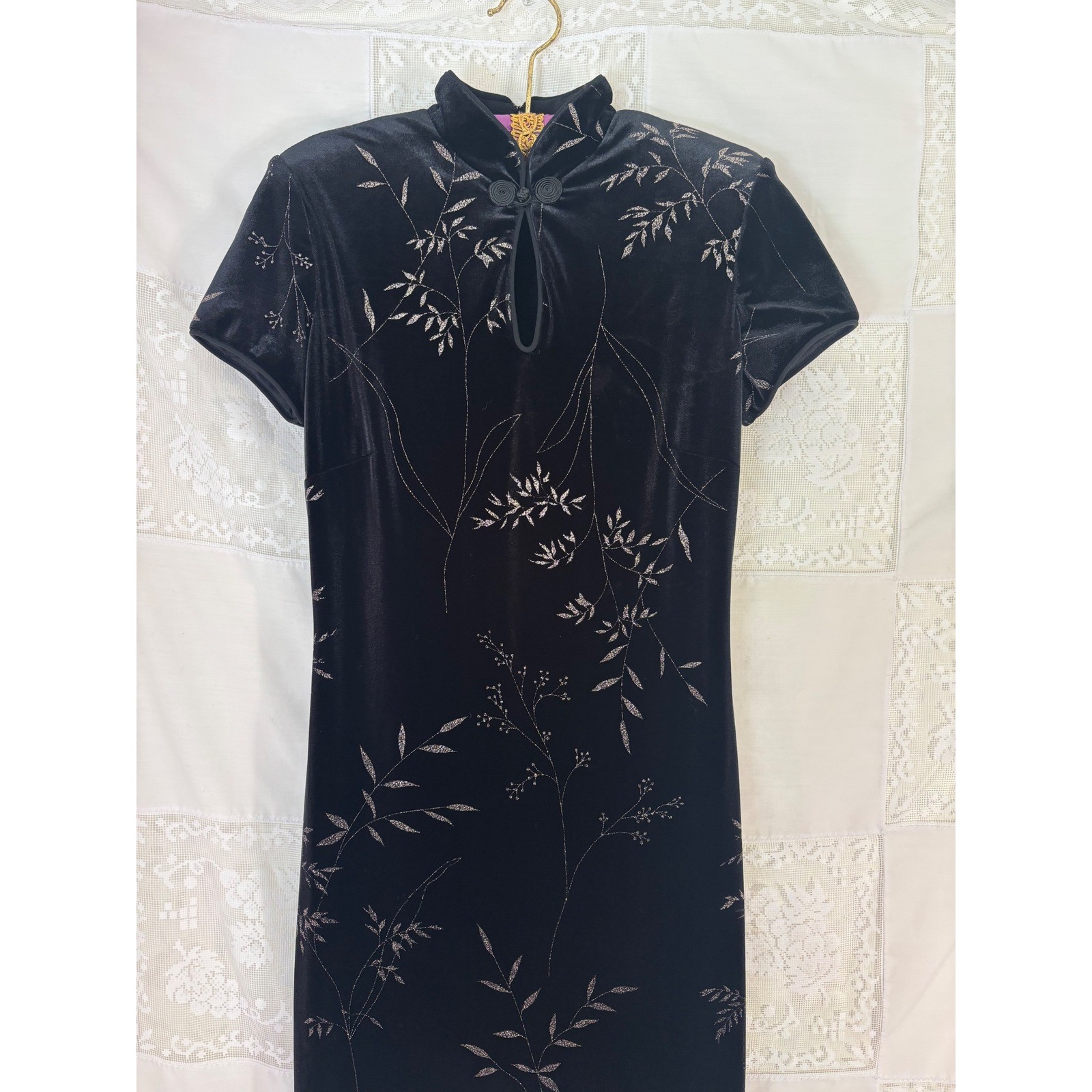 VTG Black Velvet Metallic Threaded Floral Maxi Cheongsam Dress Size S-M
