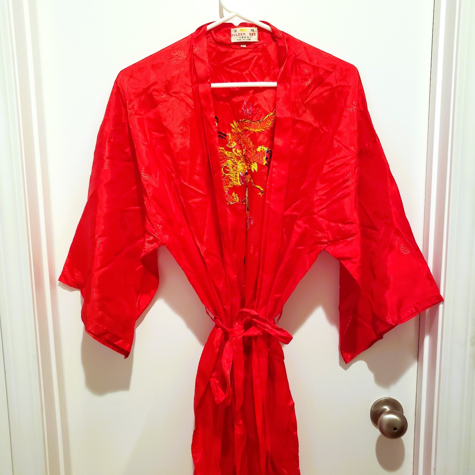 Golden Bee Red Robe Jacket Embroidered Golden Dragon Kimono Long Tie Large READ