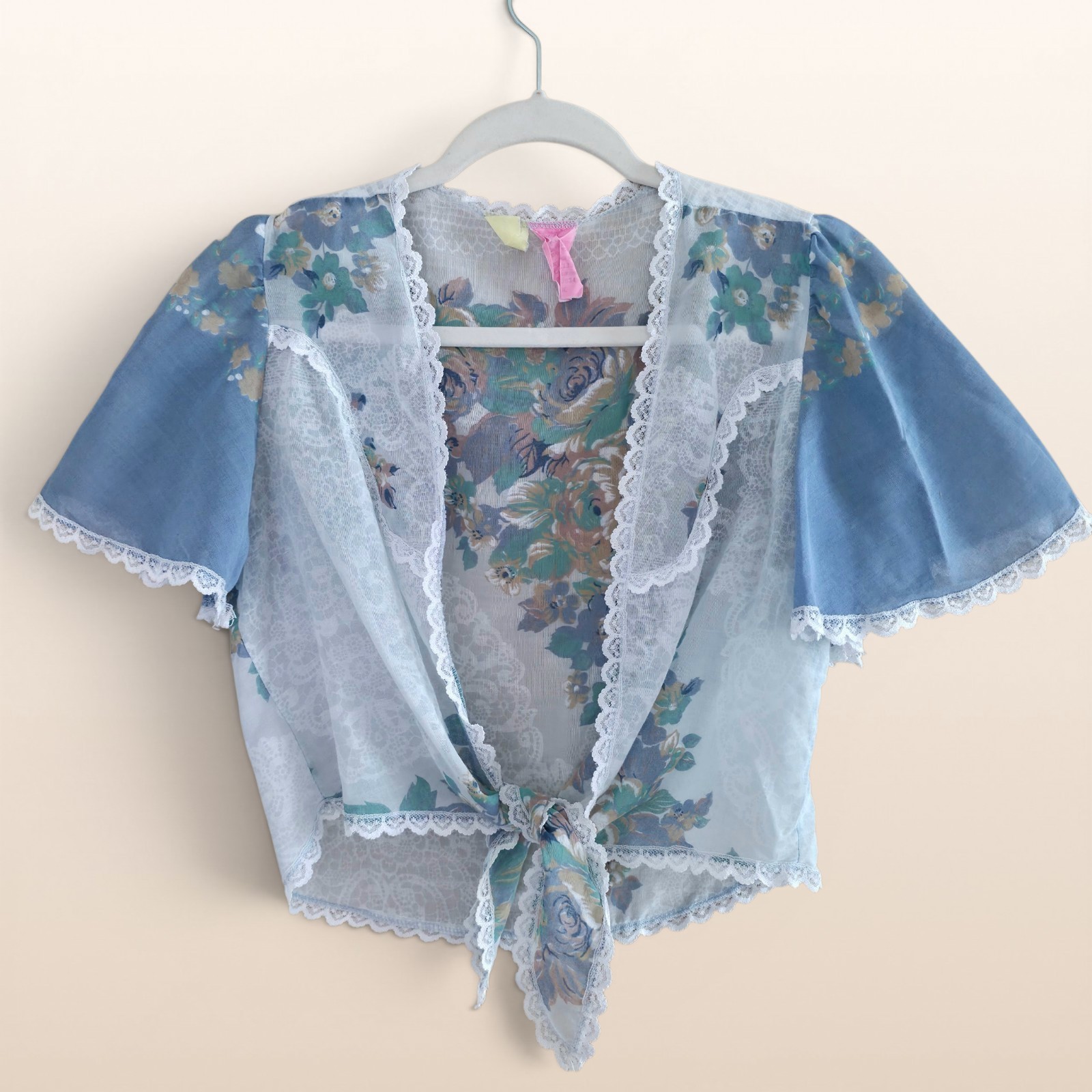 Vintage 70s Lace Tie Front Floral Lingerie Top Cal Togs Blue & White Sheer