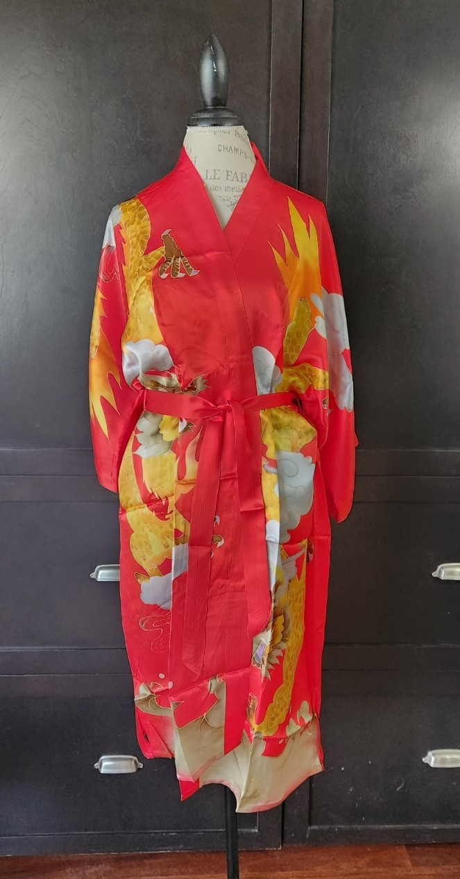 Vintage Gorgeous Red Silk Chinese Kimono Robe W/Dragon Pattern One Size