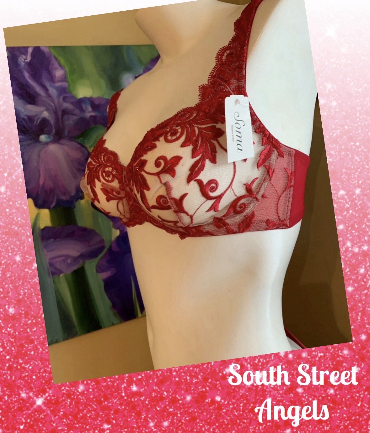 VINTAGE SOMA SPECIAL EDITION RUBY RED / TAN SENSUOUS LACE SHEER WIRELESS BRA 34C