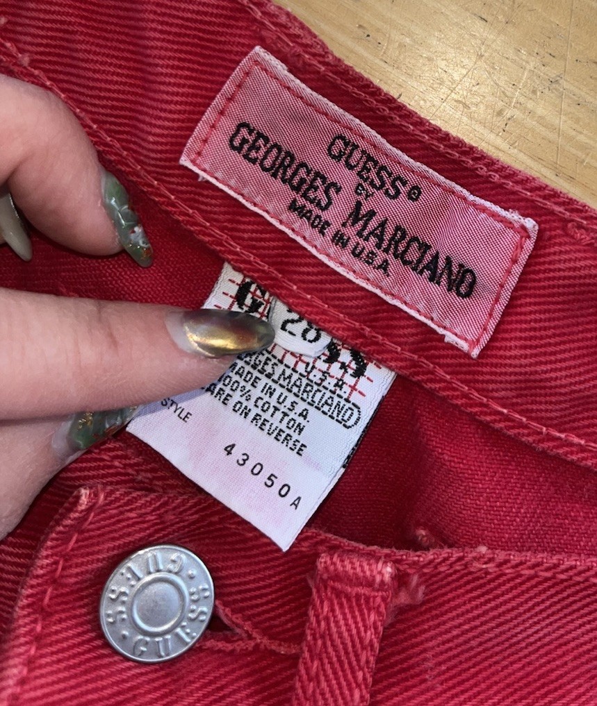 Vintage 1990s Guess Jeans High Rise Scarlet Red Denim Barrel Tapered Mom USA 28