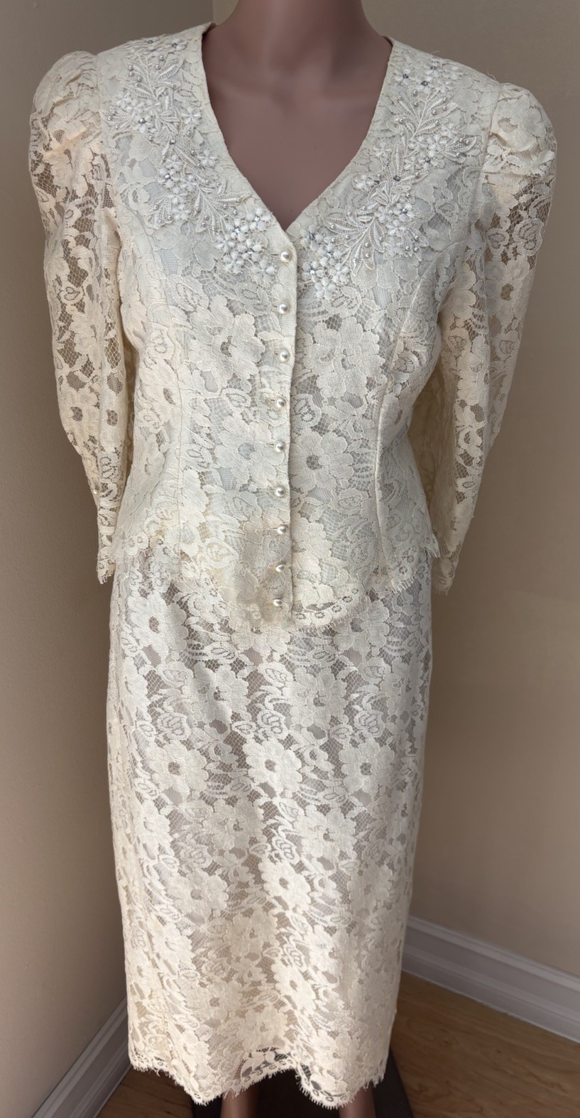 Vintage Ivory Lace Skirt Suit Size 9/10 Bridal Wedding Cachet by Bari Protas