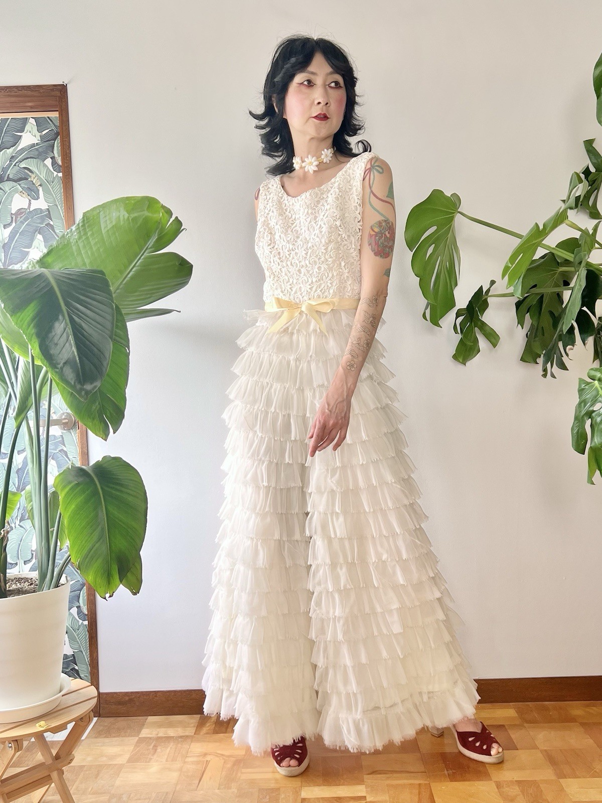 VTG 60s Kadine Lace Palazzo Jumpsuit White Tiered Chiffon Ruffle Mod Bridal S