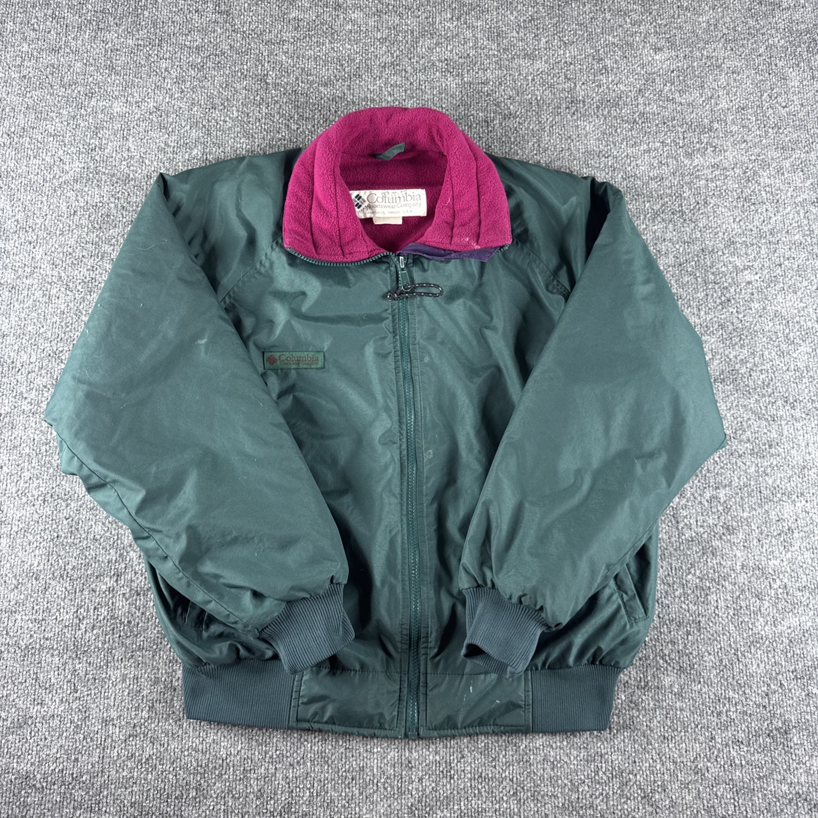 VINTAGE Columbia Jacket Womens M? Green Bomber Fleece Windbreaker Full Zip 90s