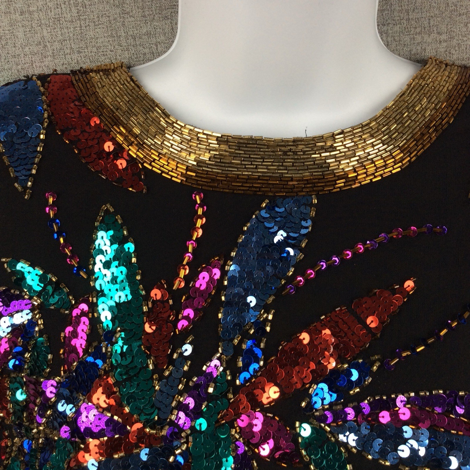 Oleg Cassini Black Tie Blouse Silk Colorful Sequin Beaded Top Vtg ?Sz S/M READ!
