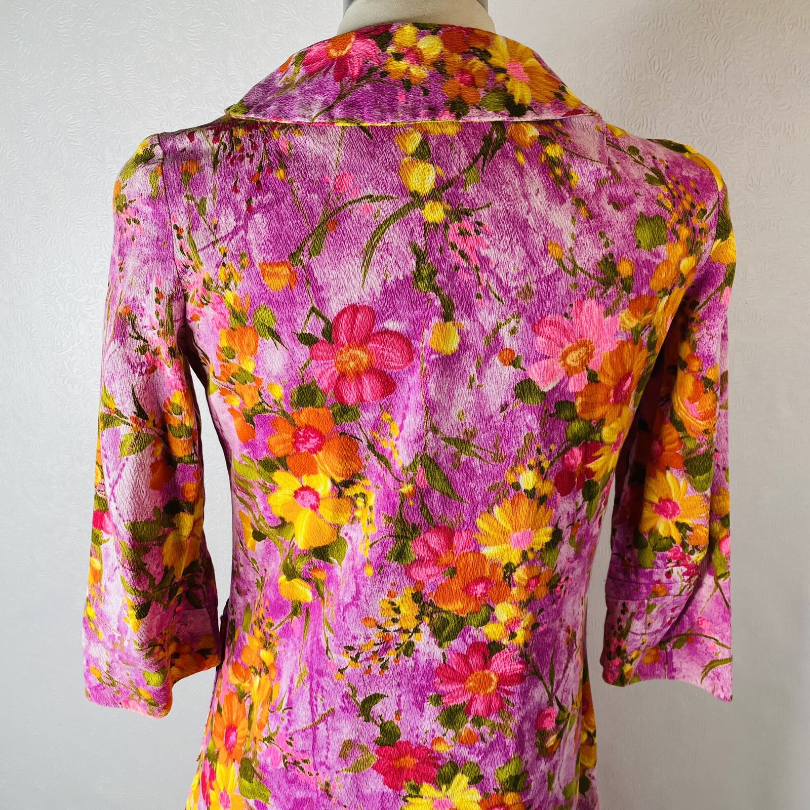 Vtg 60s 70s Midi Dress sz S Purple Floral 3/4 Sleeves Pockets Handmade Unbranded