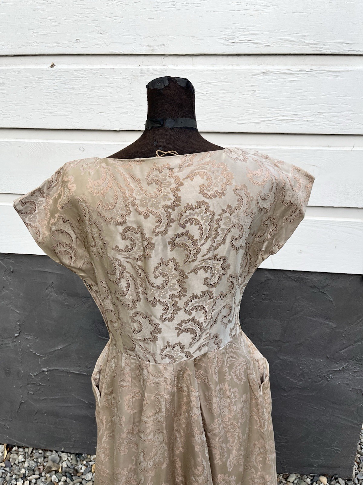 VTG 1950s Brocade Jacquard Rhinestone Cocktail Dress Hollywood Glam 31” Waist