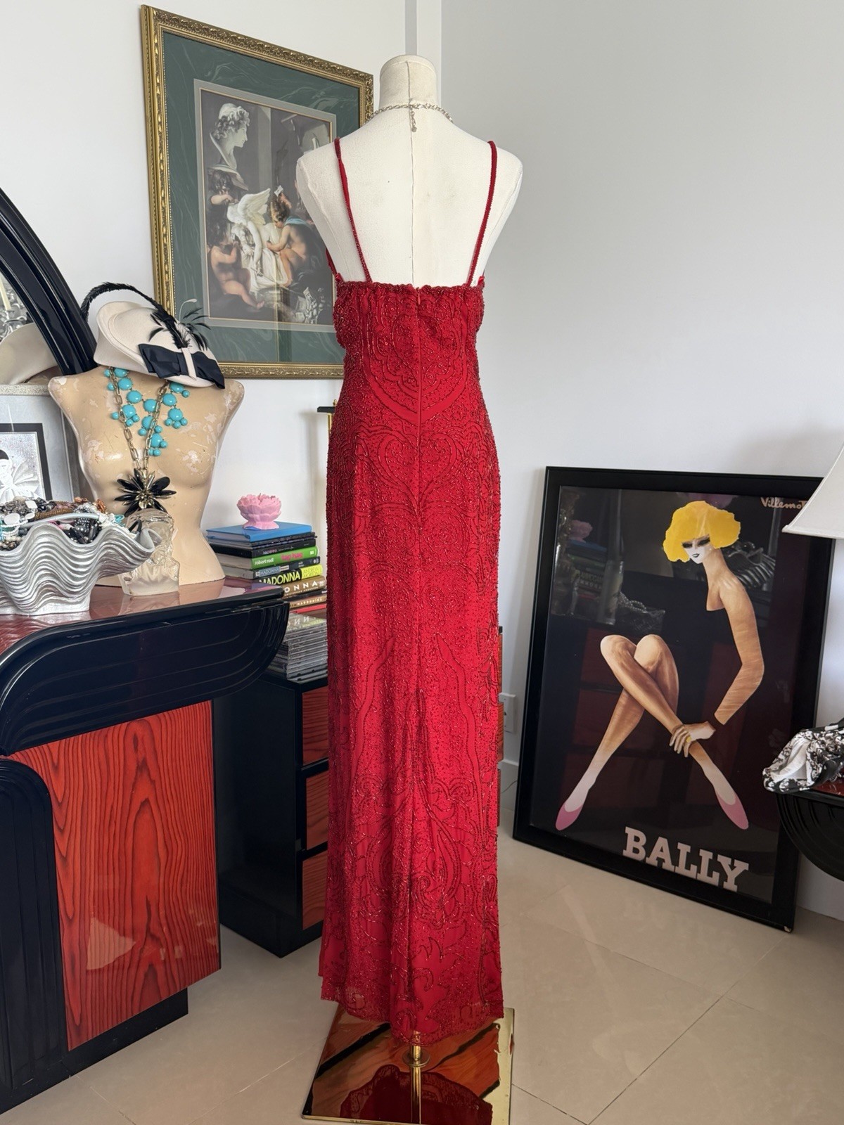 Vintage Cache Red Fully Beaded Evening Gown Deadstock NWT Size M