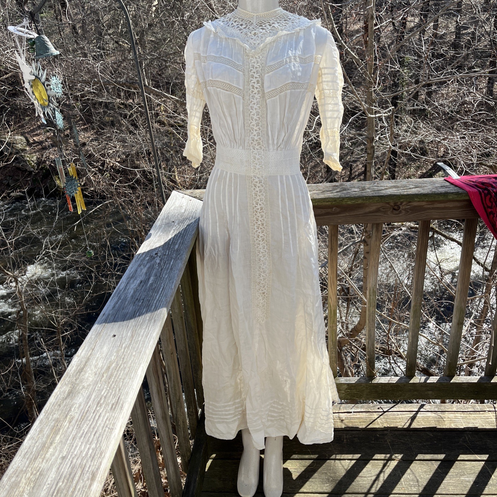 Authentic Edwardian Off White Cotton Lawn Dress c.1900 Lace Pintuck Button Back