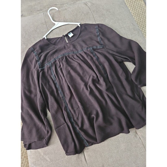 Old Navy Black Lace Trim Boho Blouse Large Rayon Bell Sleeve Peasant Top