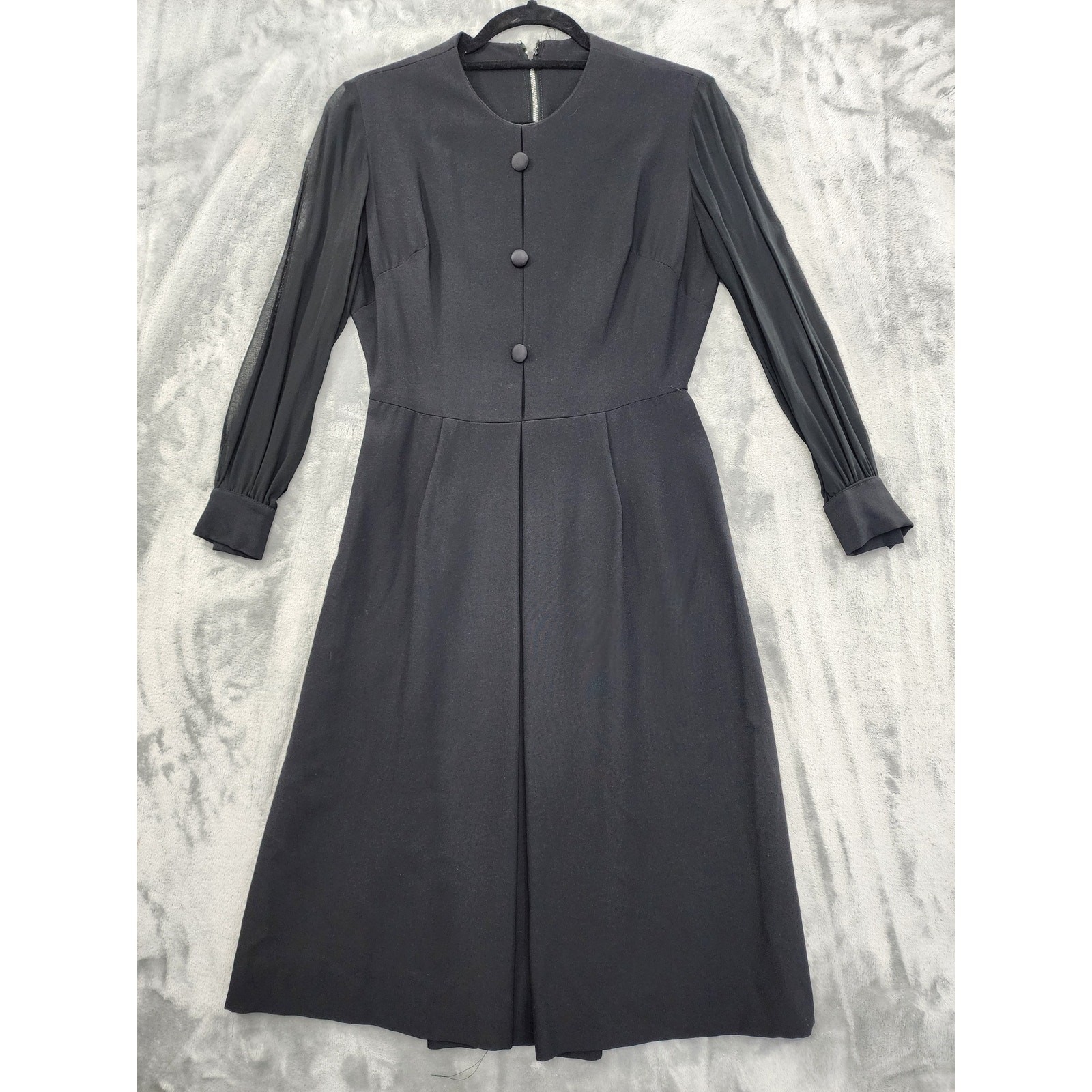 Vintage 50s Dress Womens S Black Sheer Long Sleeves Knee Length Buttons Back Zip
