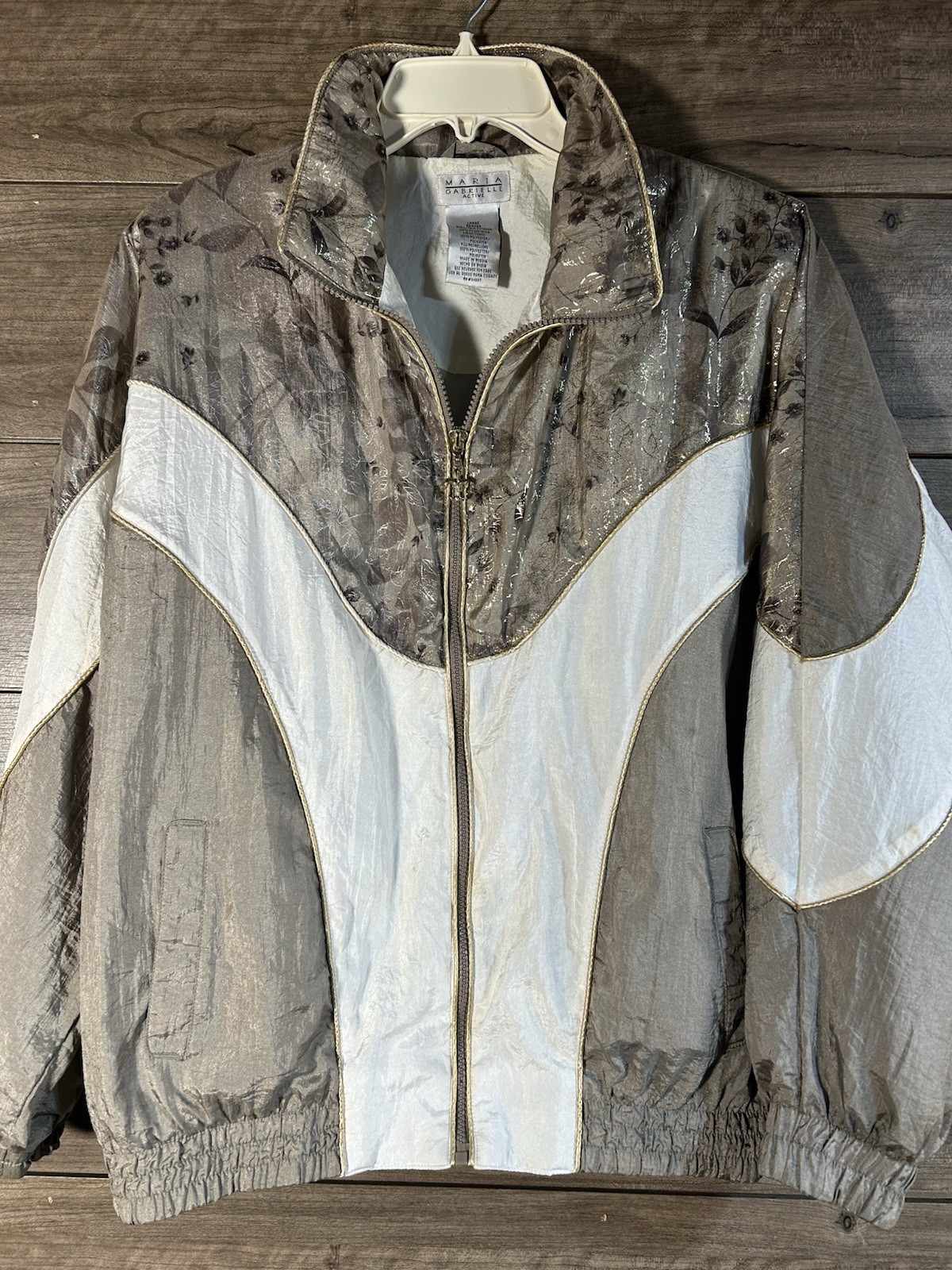 1980s-90s Windbreaker/Track Jacket VShaped ColorBlock GoldTone Leaf Accent Large