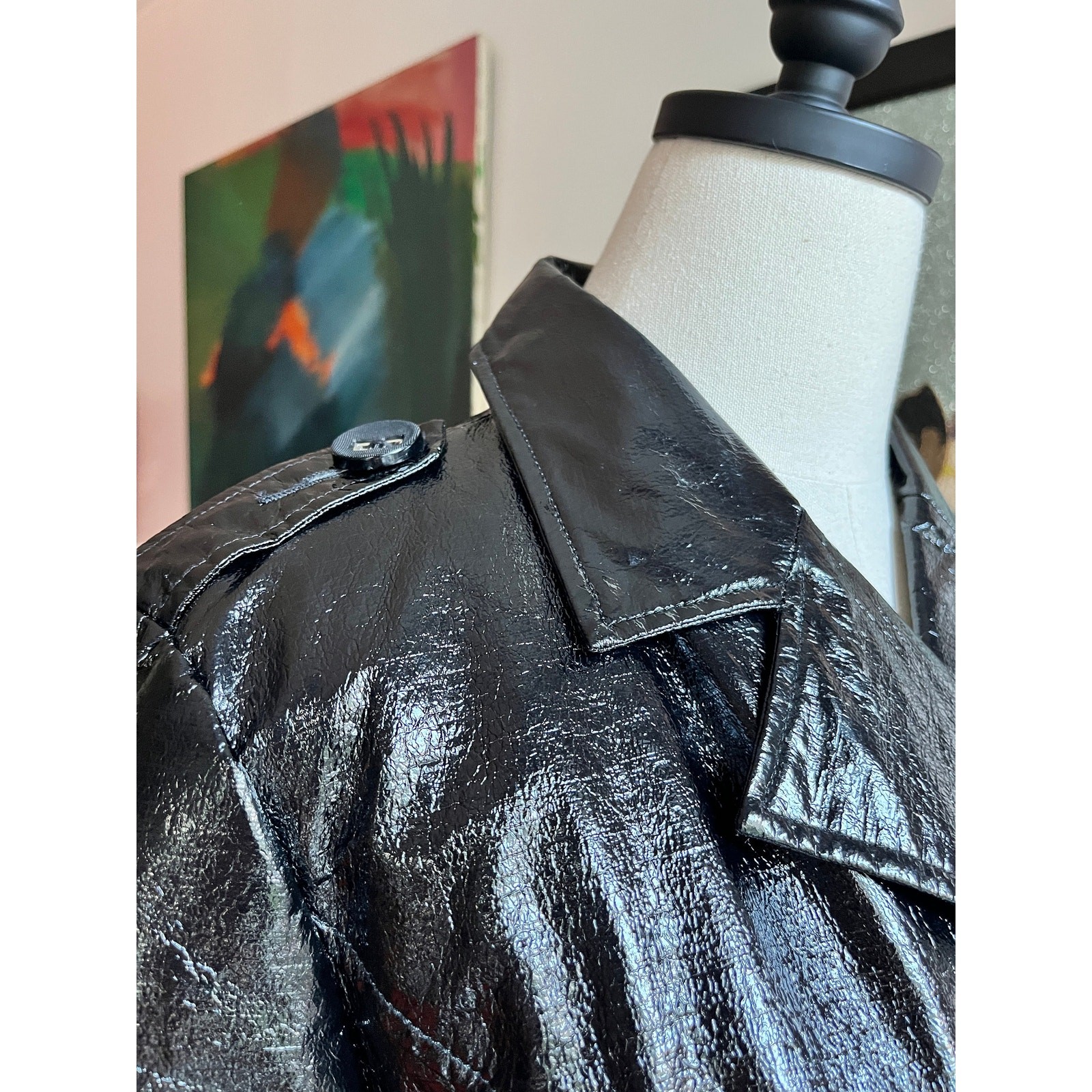 Vintage Y2K Black Vinyl Jacket | Double Breasted Moto | Cropped Tailored Fit | S