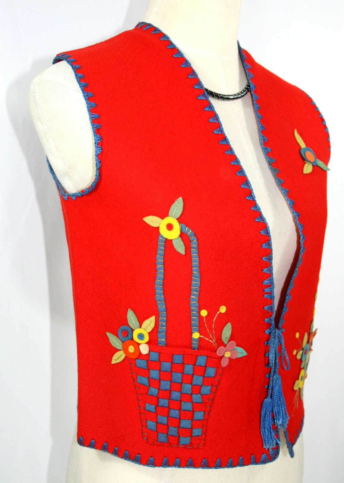Vintage Handmade Embroidered Felt Floral Basket Contrast Stitch Red Vest 1970s
