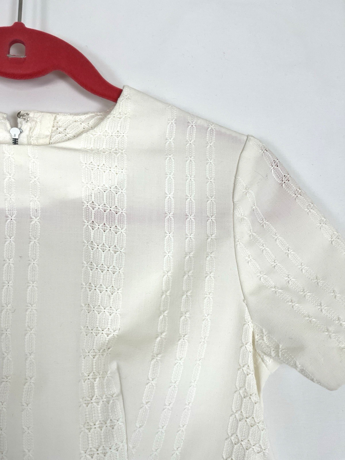 Vintage 1960s Cotton Crochet Lace Eyelet Off White XS/S Empire Mini Shift Dress