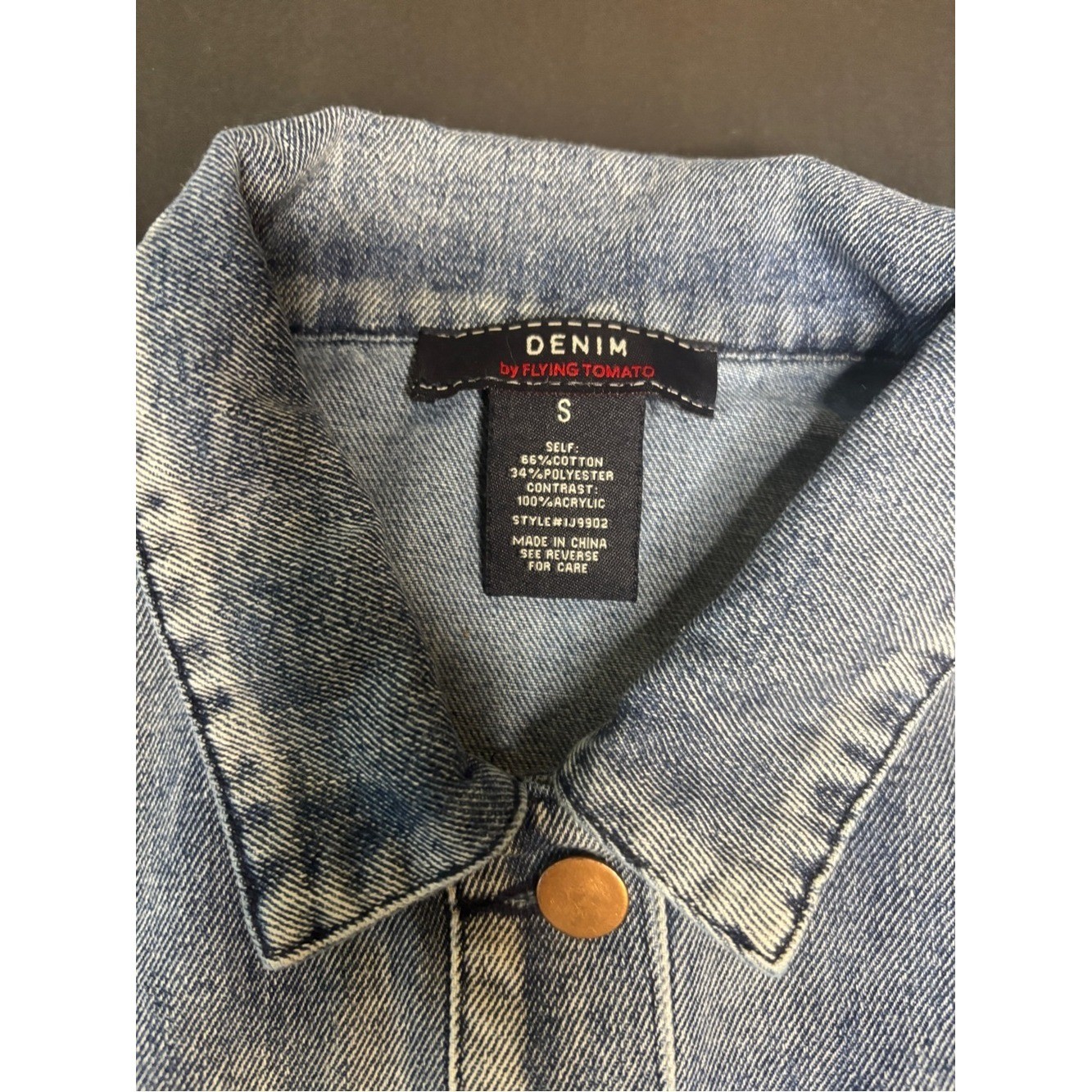 Flying Tomato Light Blue Denim Jacket with Multi-Color Knit Sleeves Size S Boho
