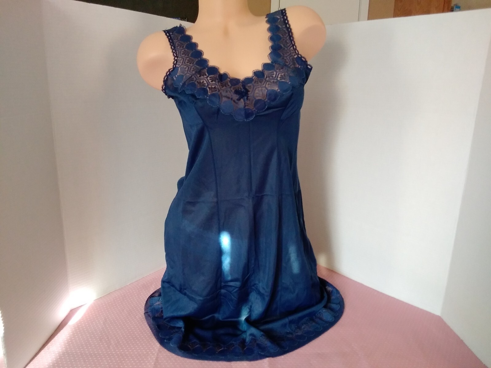 Vintage 60&rsquo;s Full Slip Dress Chemise European Wide Strap Navy Blue Lace S-M