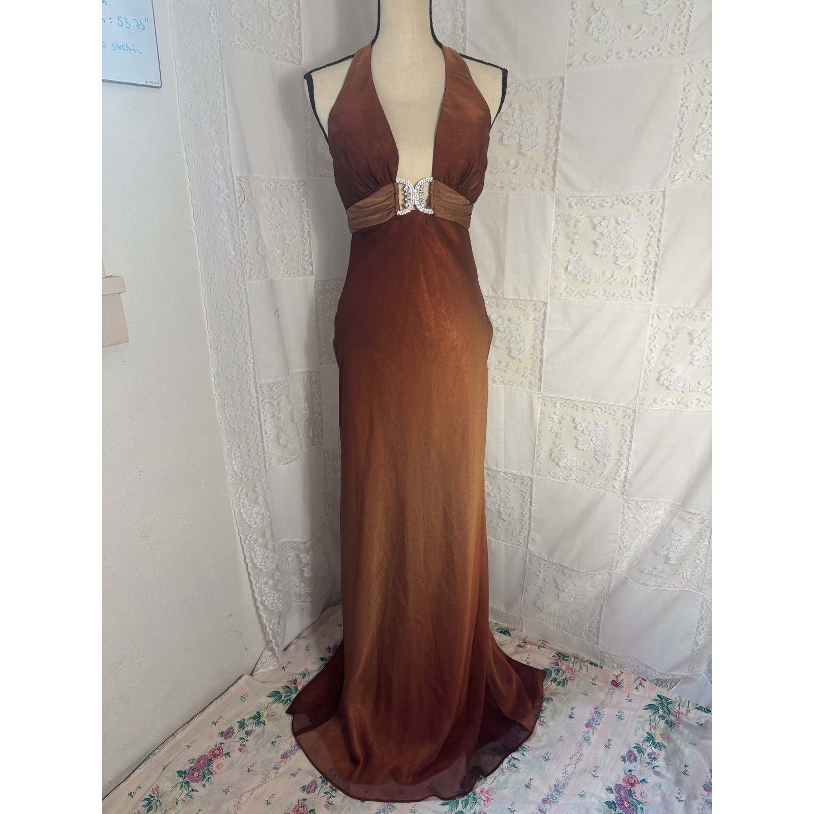 VTG Brown Copper Ombre Plunge Neck Halter Beaded Floor Length Gown Size XS