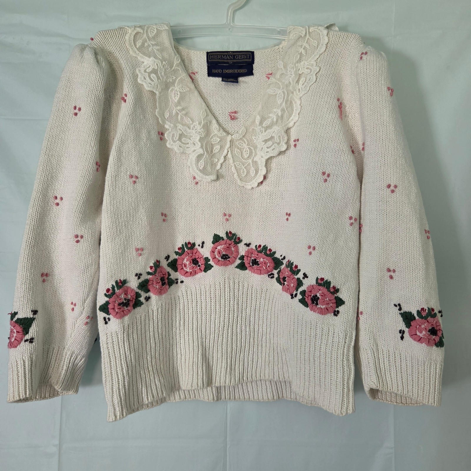 Herman Geist Vintage Hand Embroidered Floral Lace Collar Linen Cotton Sweater M