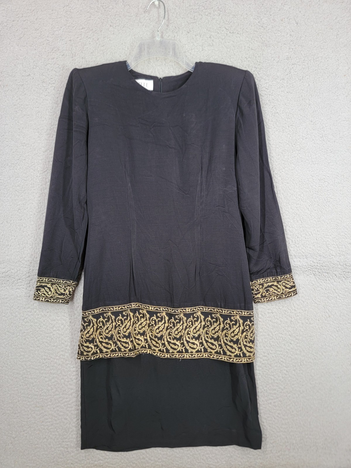 Vintage 80s Black Cocktail Dress With Gold Embroidery Size 8 Petite Sophisticate