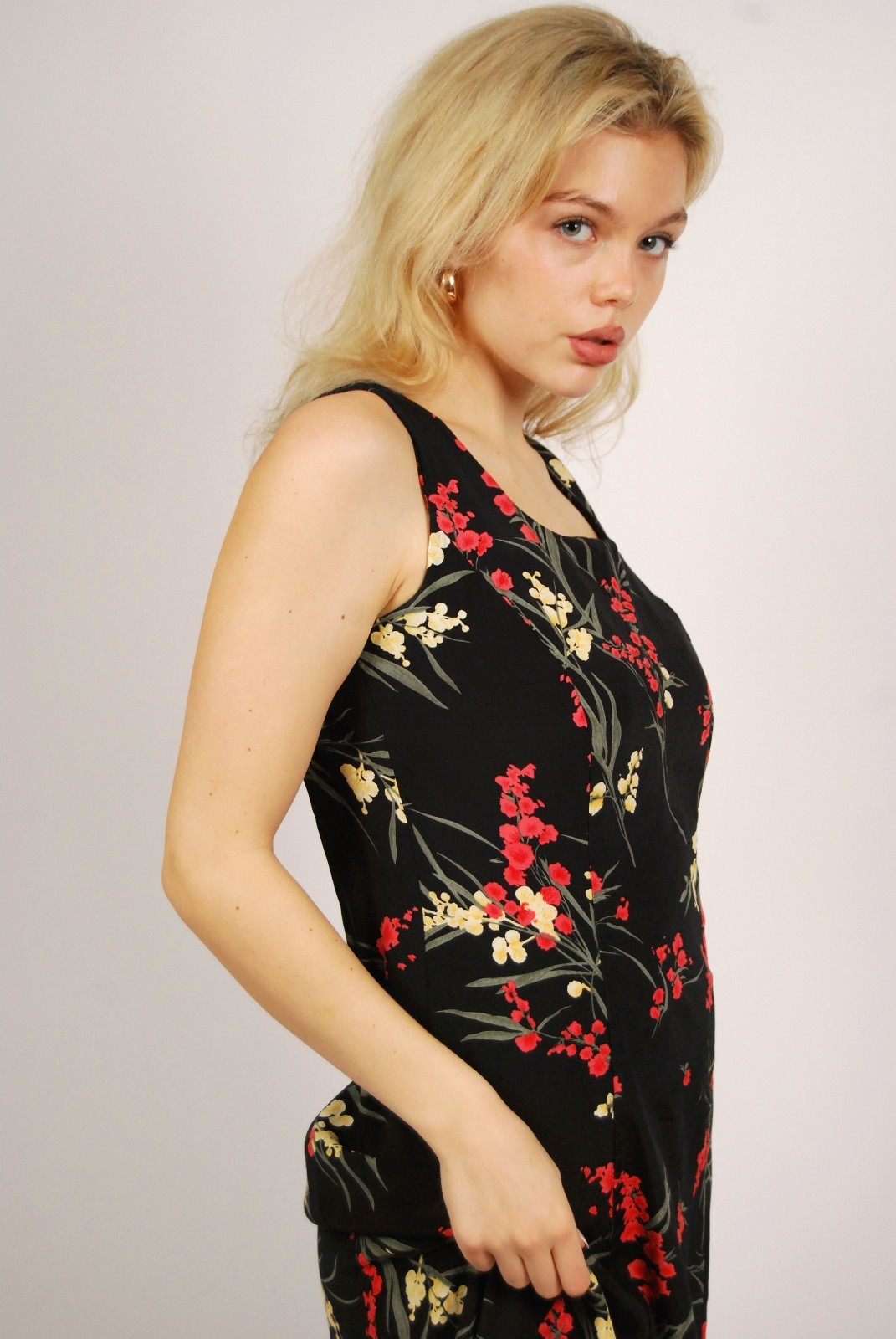 80s Tank Maxi Dress (8) black pink floral vintage preppy casual sundress a-line