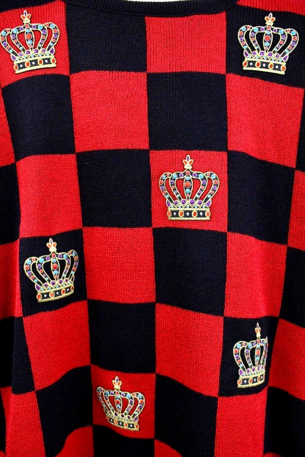 VTG 80s Ami Knits Black Red Checkerboard Crown Sweater NWOT M L Bold Shoulders