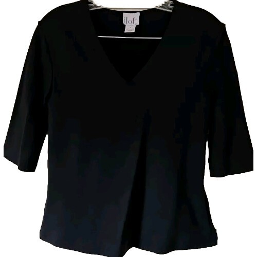 Ann Taylor LOFT Blouse Black Stretch Short Sleeve Elbow Pullover V-neck Medium
