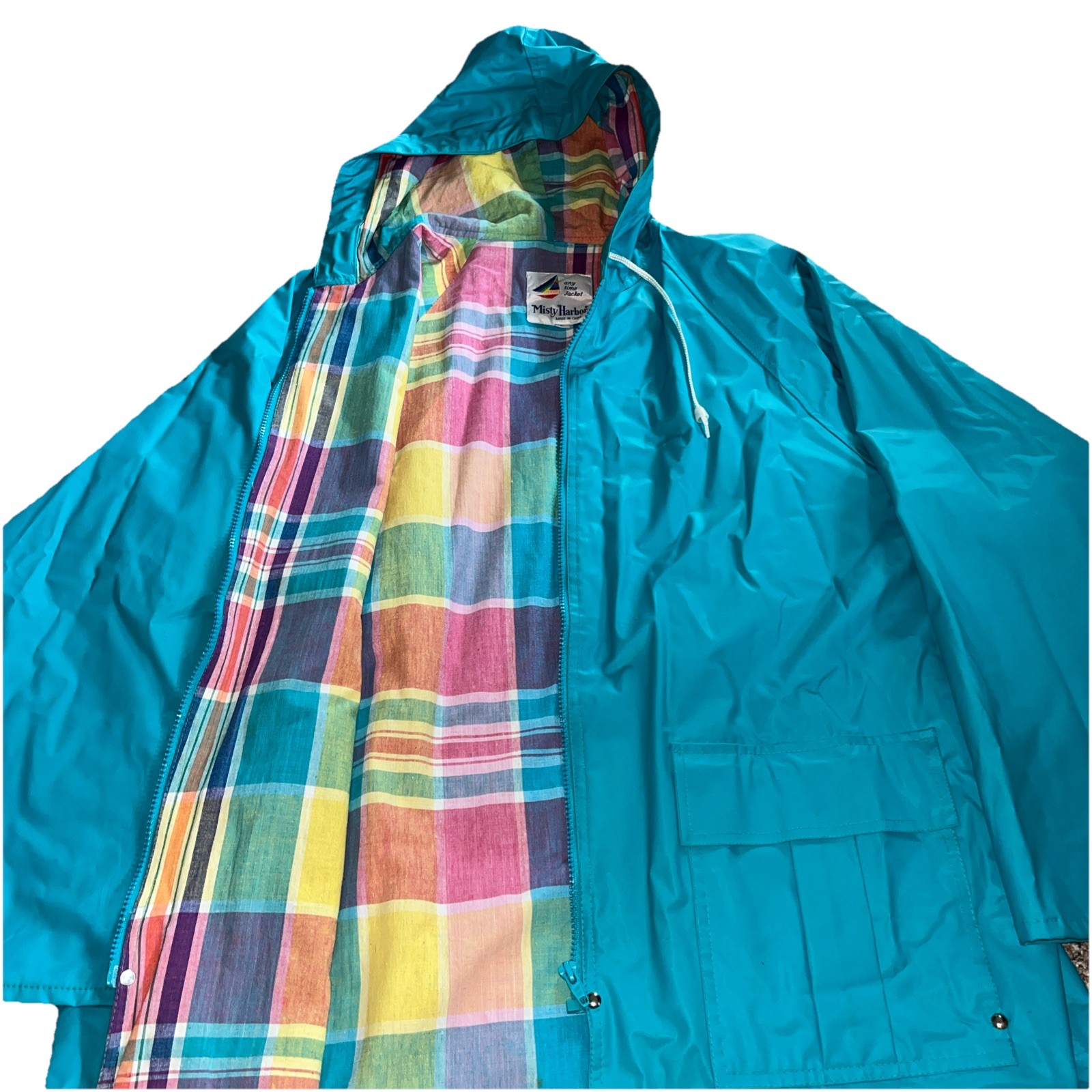 Vintage 90s Misty Harbor Any Time Jacket Rain Coat w/hood Turquoise Plaid Large