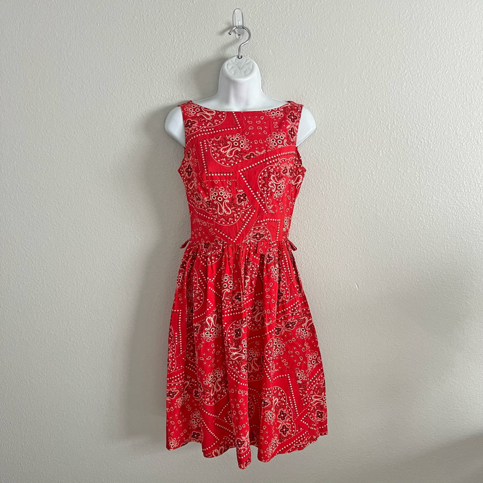 50s 60s Vintage A-Line Red Bandana Pattern Boat Neck Retro Dress Size S