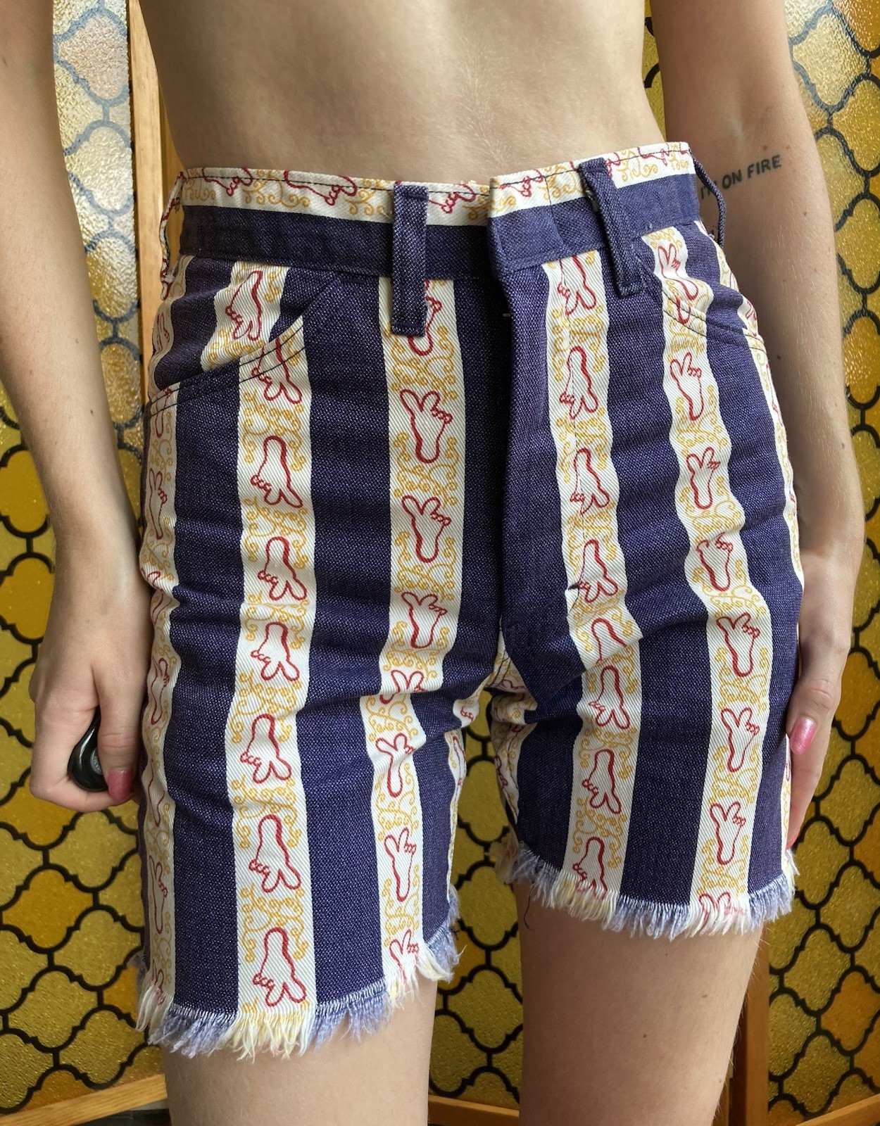 Crazy 1970s High Waisted Shorts with Peace Sign Feet, Waist 26in