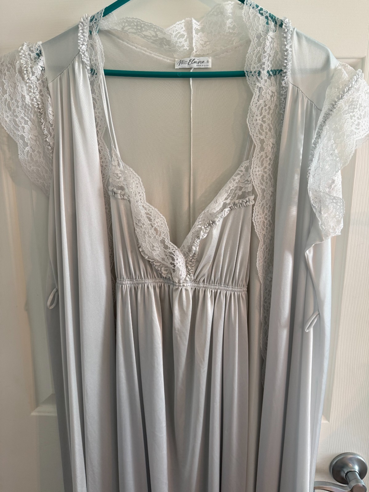 Miss Elaine PEIGNOIR Set Large Nightgown & Robe Negligee Silver Union Made USA
