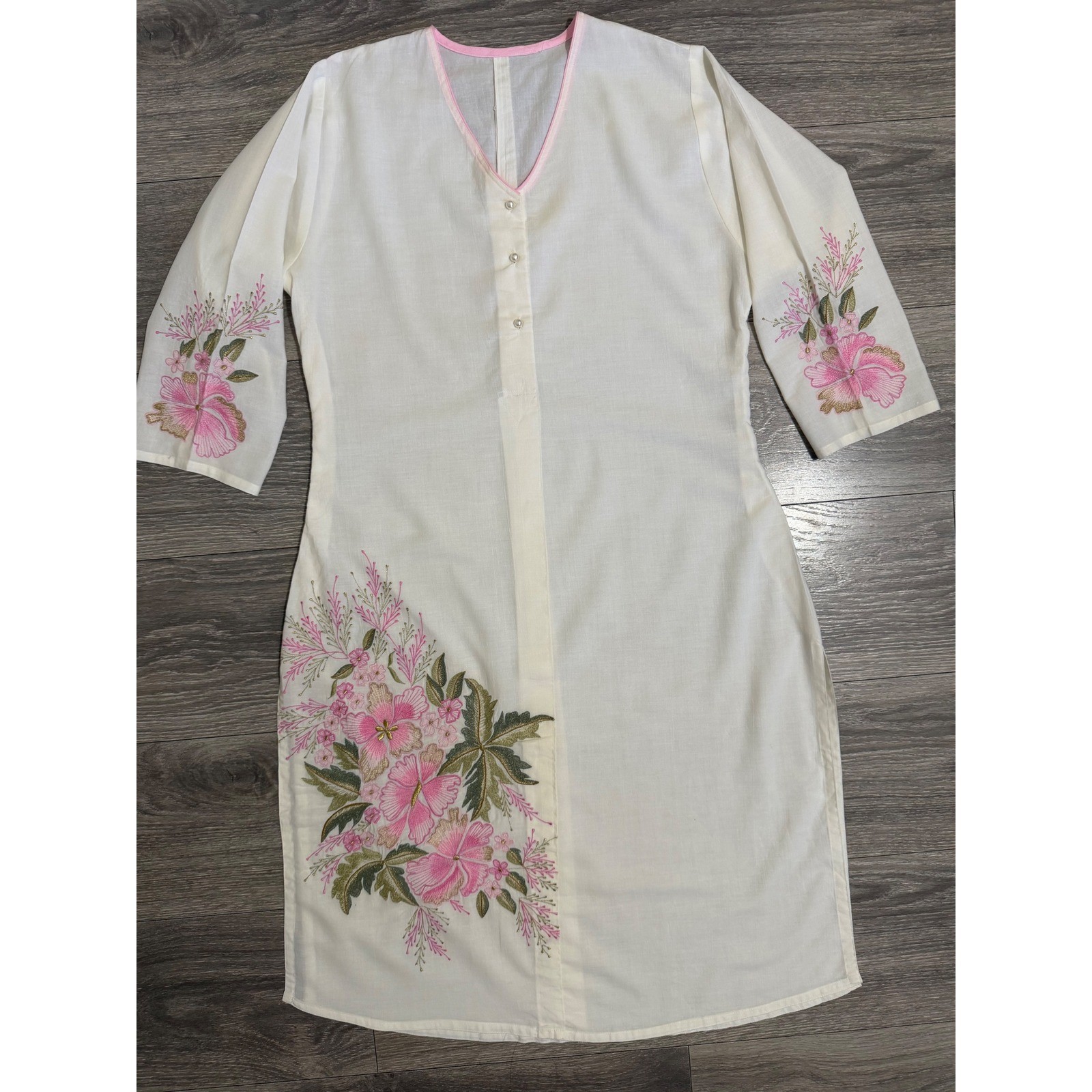 Vintage 1980s Floral Embroidered Tunic Dress M White Pink V-Neck Side Slits Art